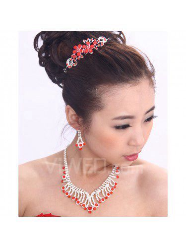 Beauitful Red Rhinestones and Zircons with Glass Wedding Jewelry Set with Earrings,Necklace and Tiara