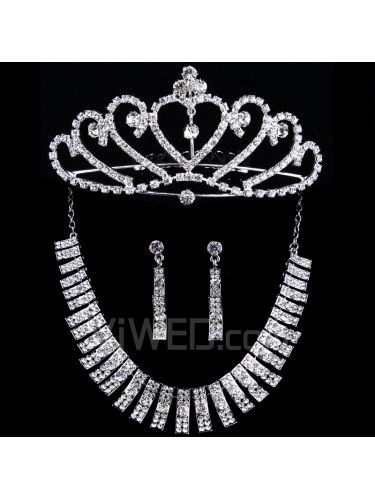 Sistema de la boda de la joyería-collar, pendientes y tiara con diamantes de imitación y de aleación plateada