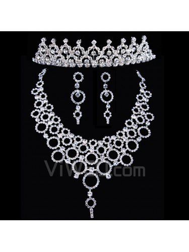 Shining Rhinestones Wedding Jewelry Set-Earrings,Necklace and Headpiece
