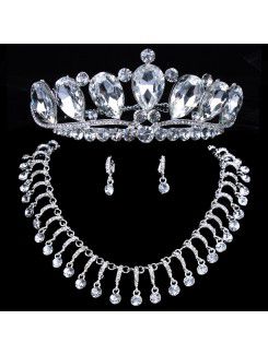 Schijnt bruiloft sieraden set-oorbellen, ketting en tiara met legering met strass