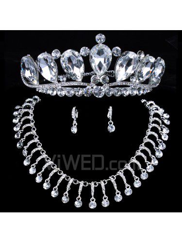 Skinnende bryllup smykker sæt-øreringe , halskæde og tiara med legering med rhinestones