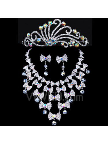 Beauitful legering bryllup brude smykker sæt med farve-rhinestones øreringe, tiara og halskæde