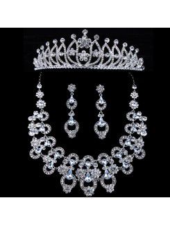 Nuevo estilo de joyería de diamantes de imitación boda de la flor fijó con el collar, aretes y diadema