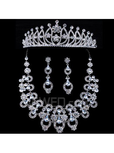 Nuevo estilo de joyería de diamantes de imitación boda de la flor fijó con el collar, aretes y diadema