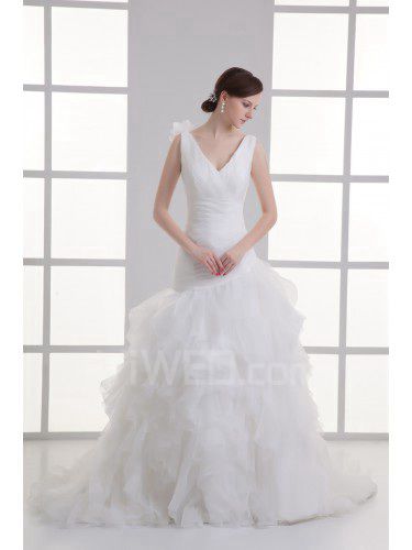 Organza V-Neckline Sheath Sweep train Hamd-made Flower Wedding Dress