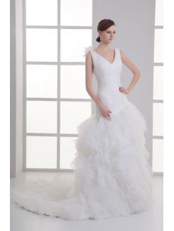 Organza V-Neckline Sheath Sweep train Hamd-made Flower Wedding Dress