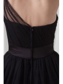Net and Satin Asymmetrical A-line Tea-Length Sash Cocktail Dress