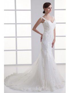 Satin and Net Straps Sheath Sweep Train Embroidered Wedding Dress