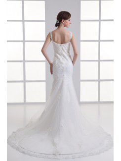 Satin and Net Straps Sheath Sweep Train Embroidered Wedding Dress