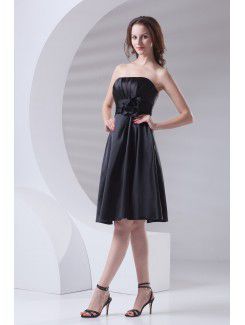 Satin Strapless A-line Knee-Length Hand-made Flower Prom Dress
