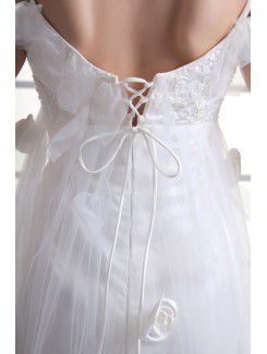 Satin and Net Spaghetti Column Sweep Train Embroidered Wedding Dress