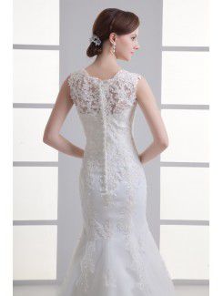 Satin and Net Jewel Sheath Sweep Train Embroidered Wedding Dress
