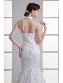 Satin and Net Halter Sheath Sweep Train Embroidered Wedding Dress