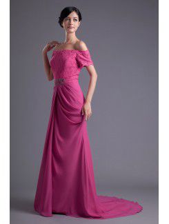 Chiffon and Lace Off-the-Shoulder Column Sweep Train Embroidered Prom Dress