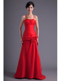 Satin Spaghetti Sheath Sweep Train Hand-made Flowers and Directionally Ruched Prom Dress