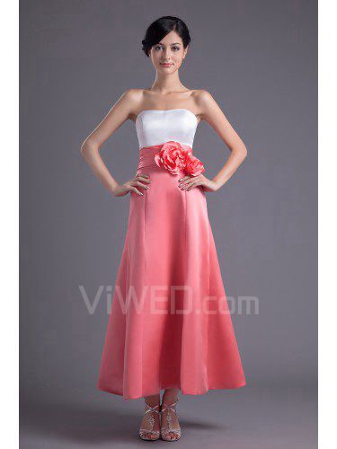 Satin Strapless A-line Ankle-Length Hand-made Flowers Prom Dress