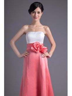 Satin Strapless A-line Ankle-Length Hand-made Flowers Prom Dress