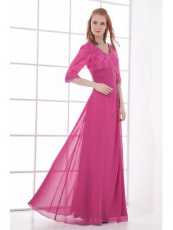 Chiffon V-Neckline Sheath Floor Length Half Sleeves Prom Dress