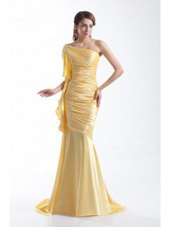Silk Asymmetrical Sweep Train Sheath Directionally Ruched Prom Dress