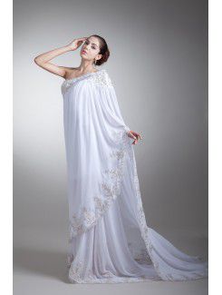 Chiffon Asymmetrical Floor Length Column Embroidered Wedding Dress
