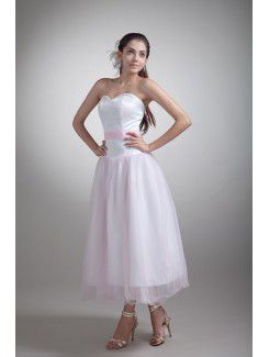 Organza and Satin Sweetheart Tea-Length Sheath Embroidered Wedding Dress