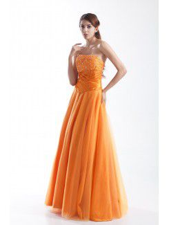 Taffeta and Net Strapless Floor Length A-line Embroidered Prom Dress