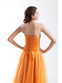Taffeta and Net Strapless Floor Length A-line Embroidered Prom Dress