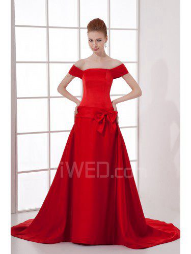 Satin Off-the-Shoulder A-line Chapel Train Bow Prom Dress