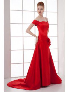 Satin Off-the-Shoulder A-line Chapel Train Bow Prom Dress