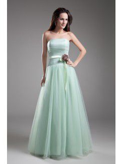 Net Strapless Floor Length A-line Sash Prom Dress