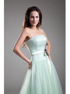 Net Strapless Floor Length A-line Sash Prom Dress