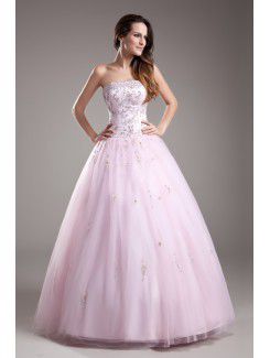 Net Strapless Floor Length A-line Embroidered Prom Dress