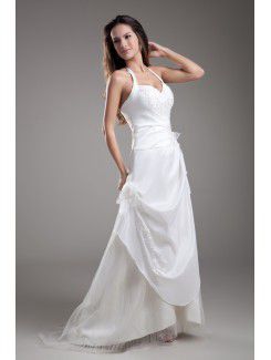 Taffeta Halter Floor Length A-line Embroidered Prom Dress
