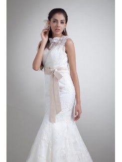 Satin and Lace Jewel Sweep Train Sheath Sash Wedding Dress