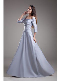 Satin Off-the-Shoulder Floor Length A-line Three-quarter Sleeves Prom Dress