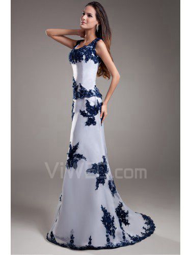 Organza Strapless Sweep Train A-line Embroidered Prom Dress