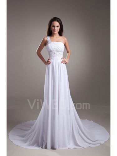 Chiffon One-Shoulder Chapel Train Empire Line Embroidered Prom Dress
