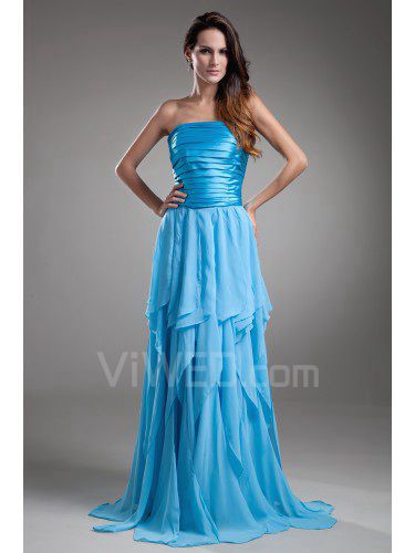 Chiffon Strapless Sweep Train A-line Directionally Ruched Prom Dress