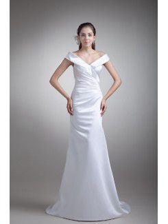 Satin Off-the-Shoulder Floor Length Sheath Wedding Dress