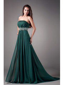 Chiffon Strapless Sweep Train Coloum Embroidered Prom Dress