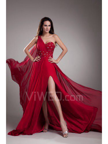 Chiffon One-Shoulder Sweep Train Coloum Embroidered Prom Dress