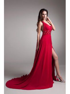 Chiffon One-Shoulder Sweep Train Coloum Embroidered Prom Dress