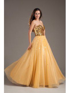 Net and Satin Sweetheart A-line Sweep Train Sequins Prom Dress