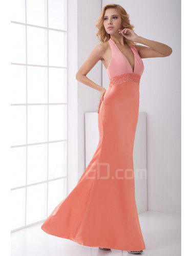 Satin V-Neckline Sheath Floor Length Sequins Prom Dress