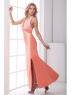 Satin V-Neckline Sheath Floor Length Sequins Prom Dress