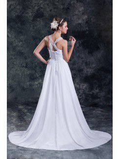 Chiffon Jewel Sweep Train Column Embroidered Wedding Dress