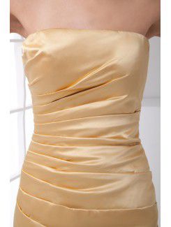 Satin Strapless Sheath Floor Length Gathered Ruched Prom Dress