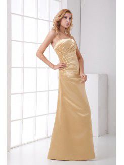 Satin Strapless Sheath Floor Length Gathered Ruched Prom Dress