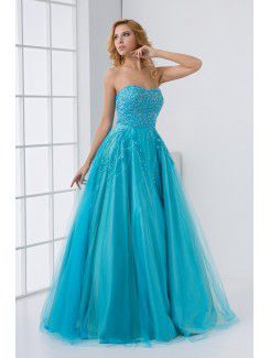 Net and Satin Strapless A-line Floor Length Embroidered and Sequins Prom Dress