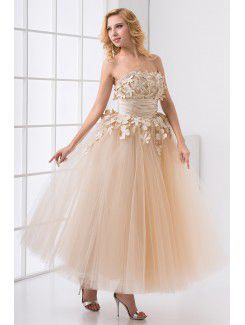 Net Strapless Ball Gown Ankle-Length Embroidered Prom Dress